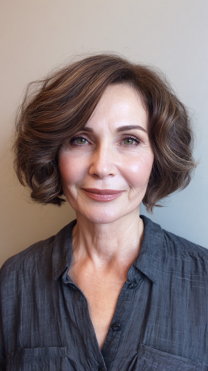 Elegant Ash-Brown Wavy Bob with Wispy Ends