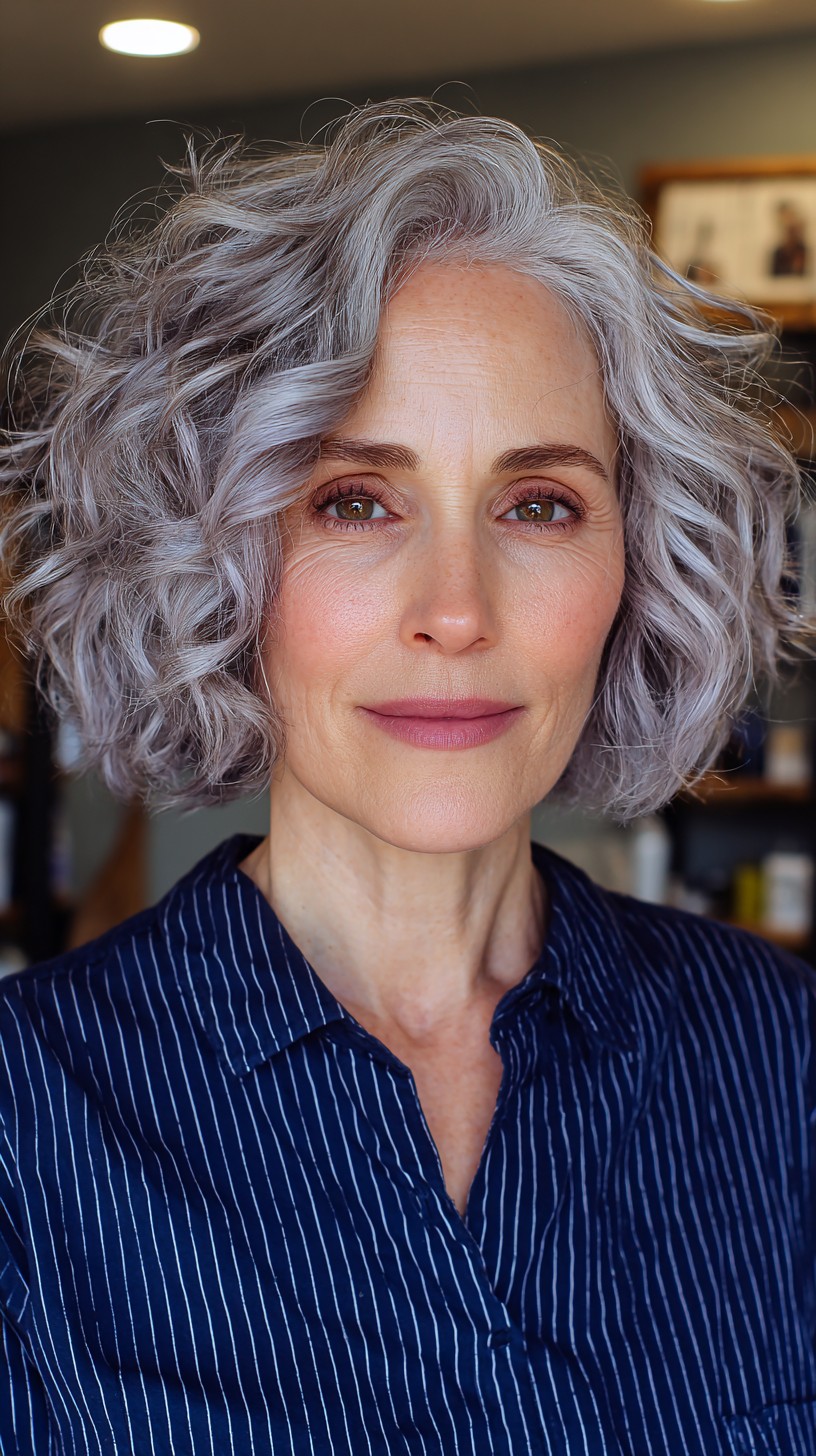 Ethereal Silver Loose Curls with Mid-Length Cut
