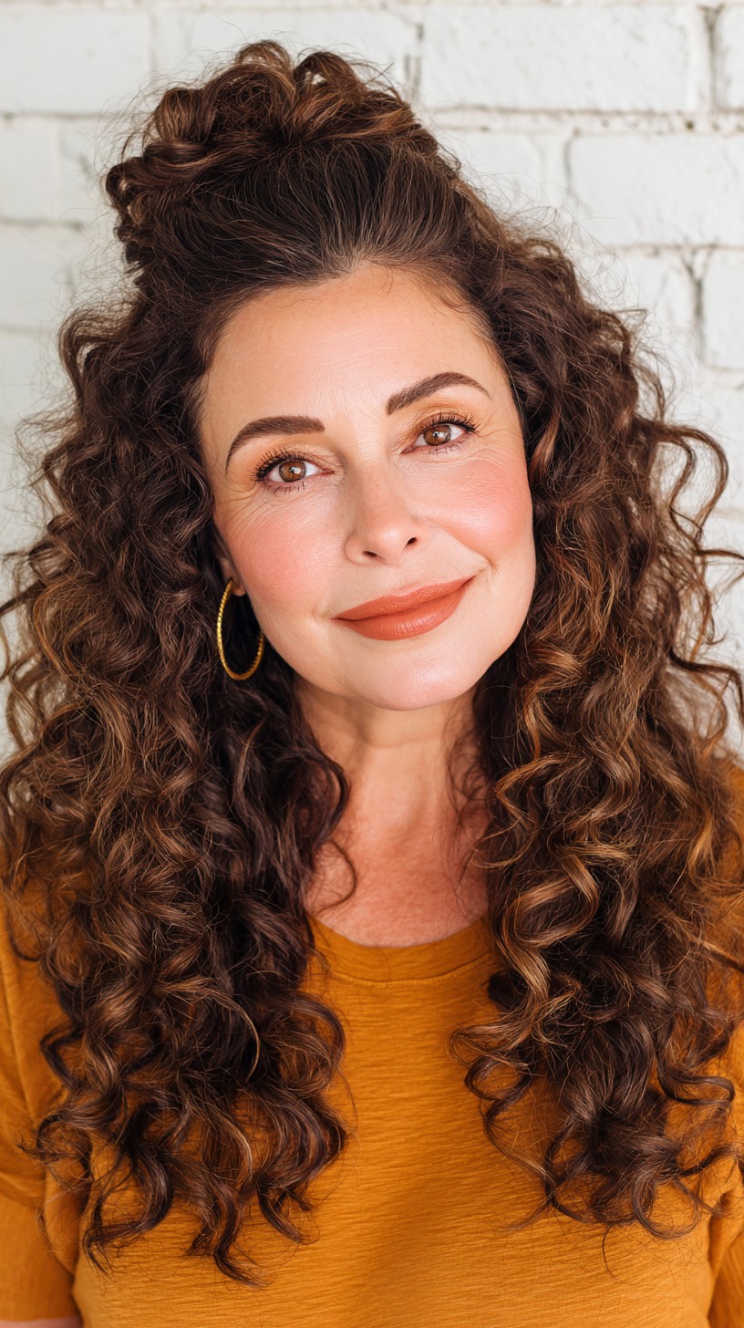 Expressive Espresso Spiral Curls with Pinned-Up Volume