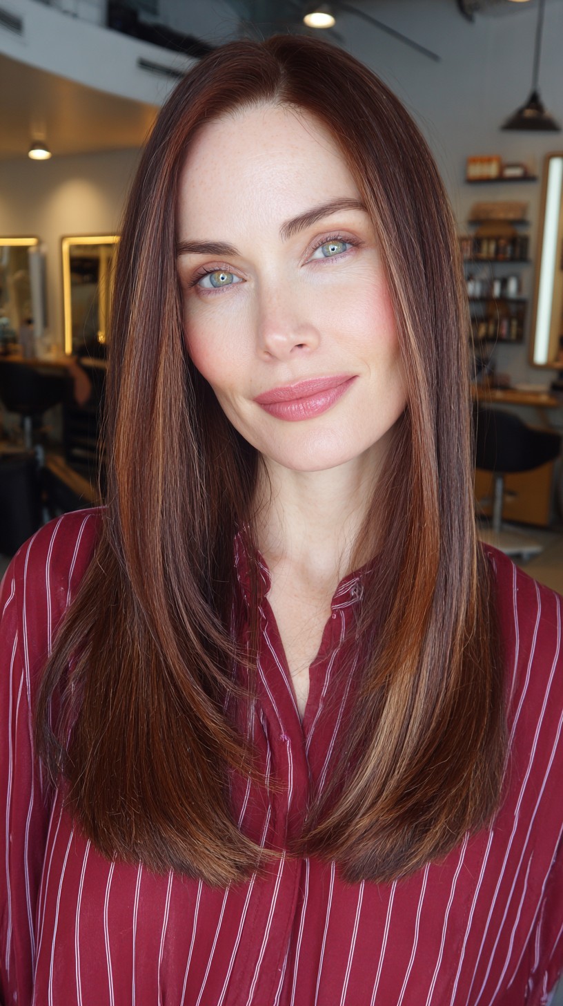 Glossy Mahogany Long Layers with Feathered Ends