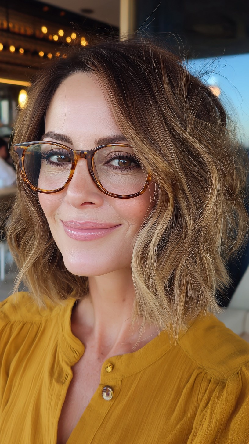 Golden-Bronze Tousled Lob with Subtle Highlights