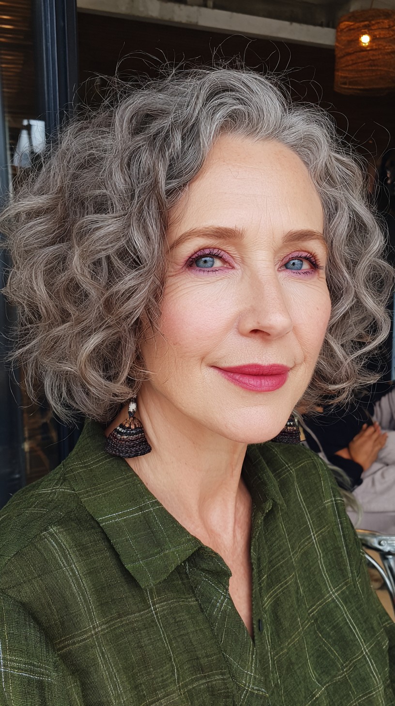 Graceful Grey Curls with Tousled Bob