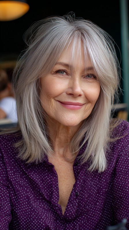 Graceful Silver Feathered Shag for Mature Hair