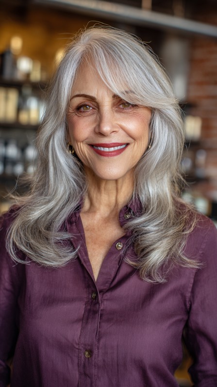Graceful Silver Layers with Feathered Side Bangs