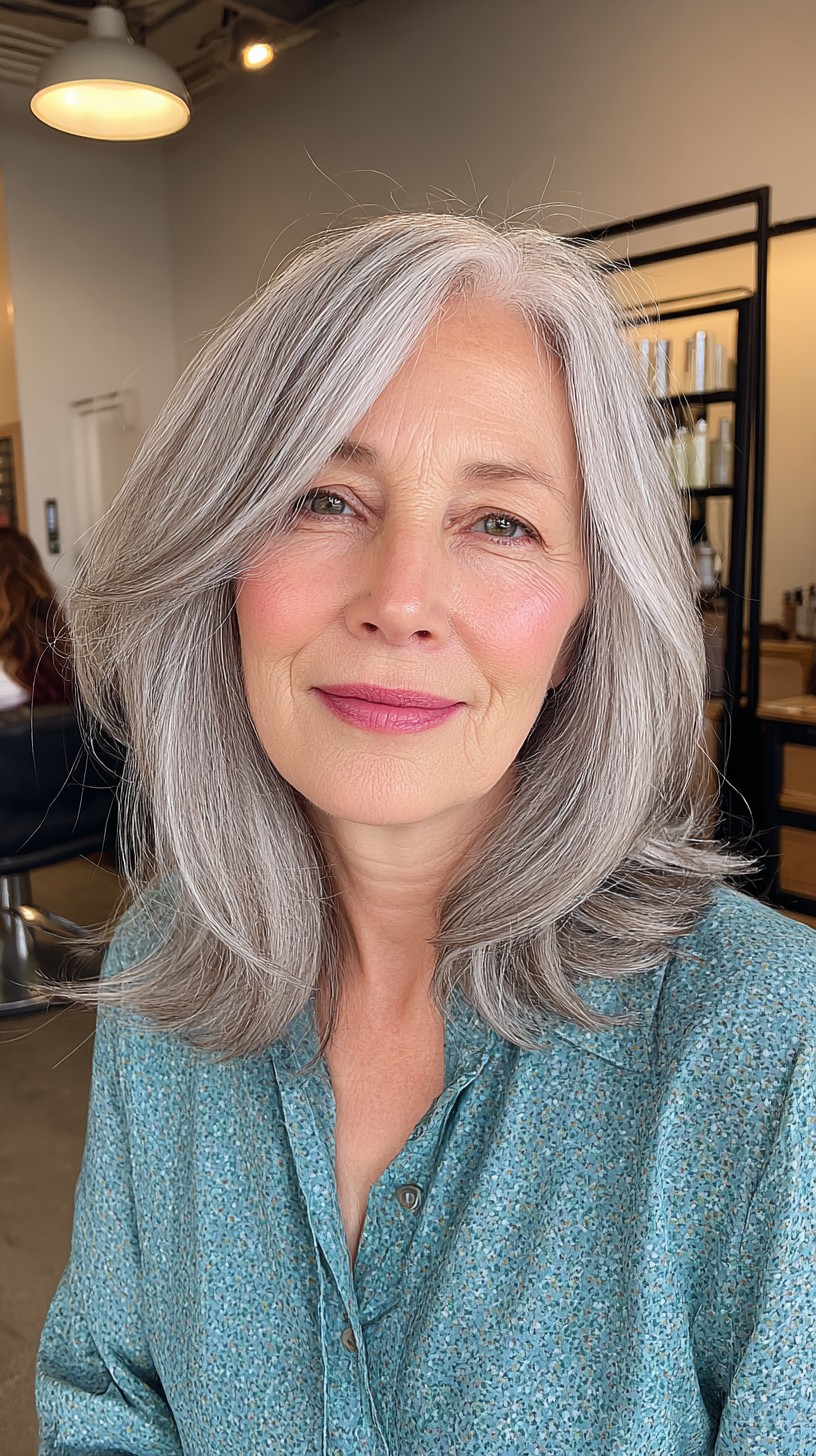 Graceful Silver Waves with Face-Framing Layers