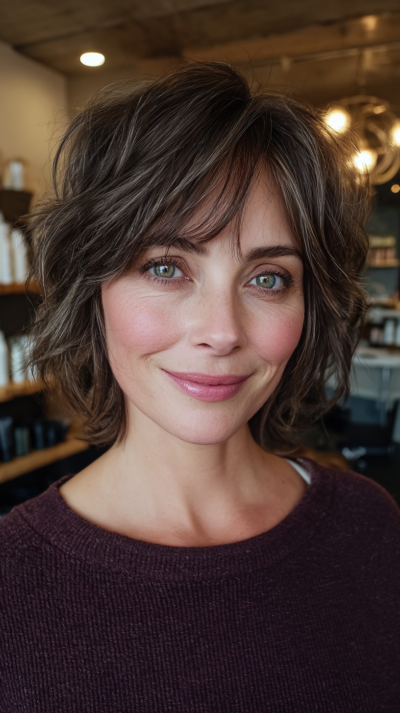 Layered Chestnut Bob with Soft Curtain Bangs