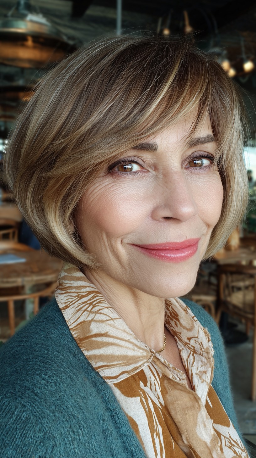 Lightly Tousled Golden Brown Bob with Bangs