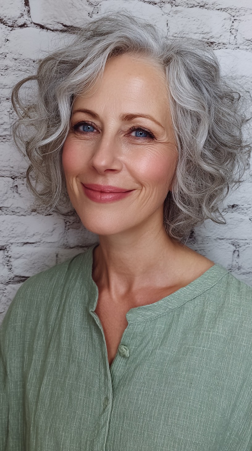 Lively Silver Curls in a Tousled Shoulder-Length Bob