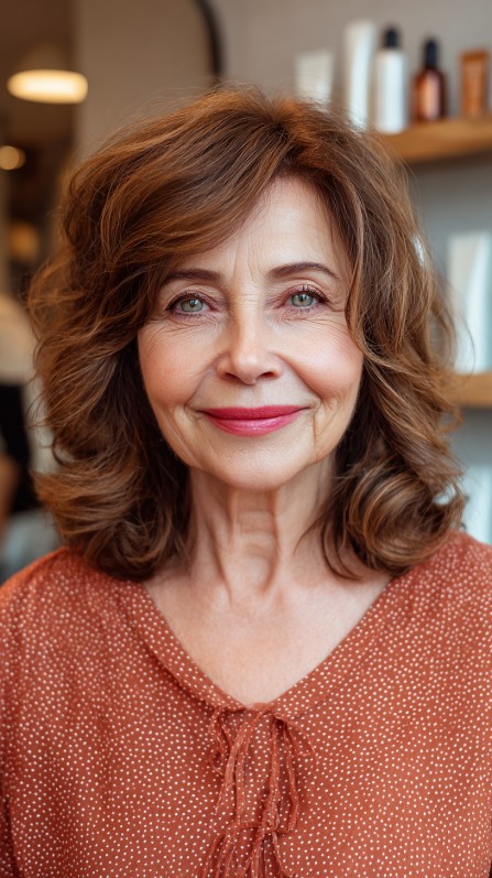 Lustrous Chestnut Waves with Gentle Side Bangs