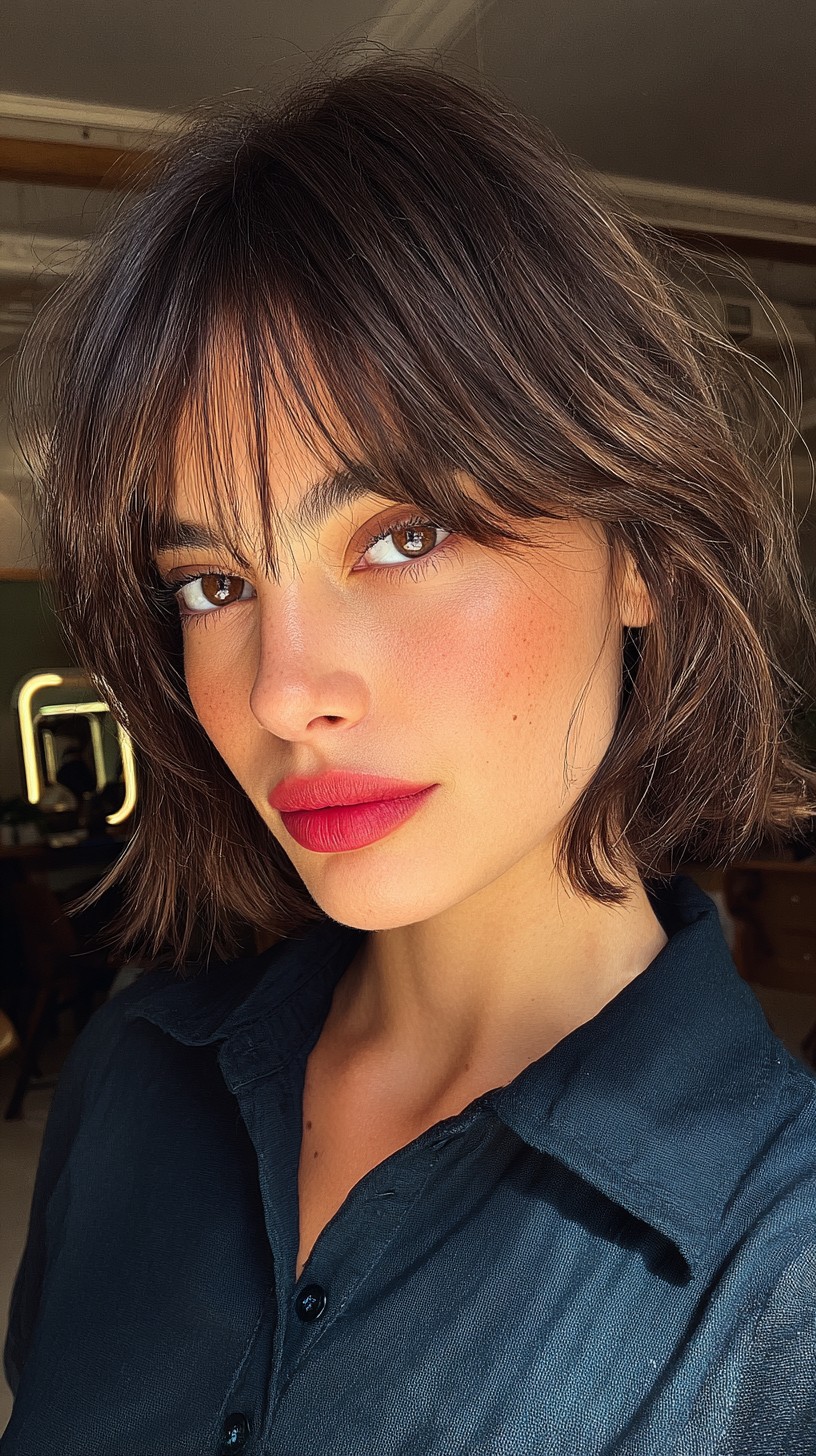 Modern Mocha Chin-Length Bob with Feathered Bangs