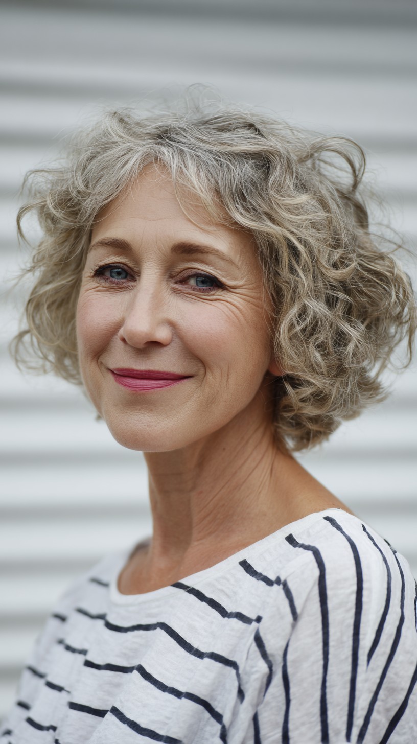 Natural-Grey Curly Bob with Soft Highlights