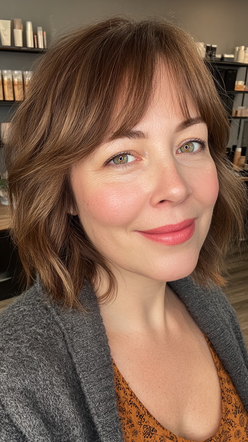 Refined Cinnamon Bob with Flowing Curtain Bangs