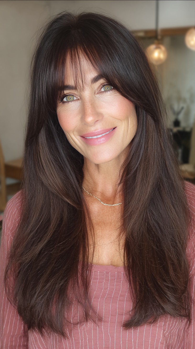 Rich Chestnut Layers with Face-Framing Bangs
