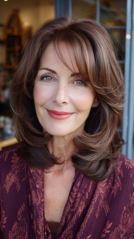 Rich Chestnut Waves with Delicate Side Bangs