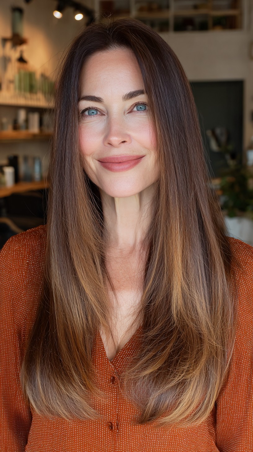 Seamless Chestnut Gradient with Subtle Face-Framing Layers