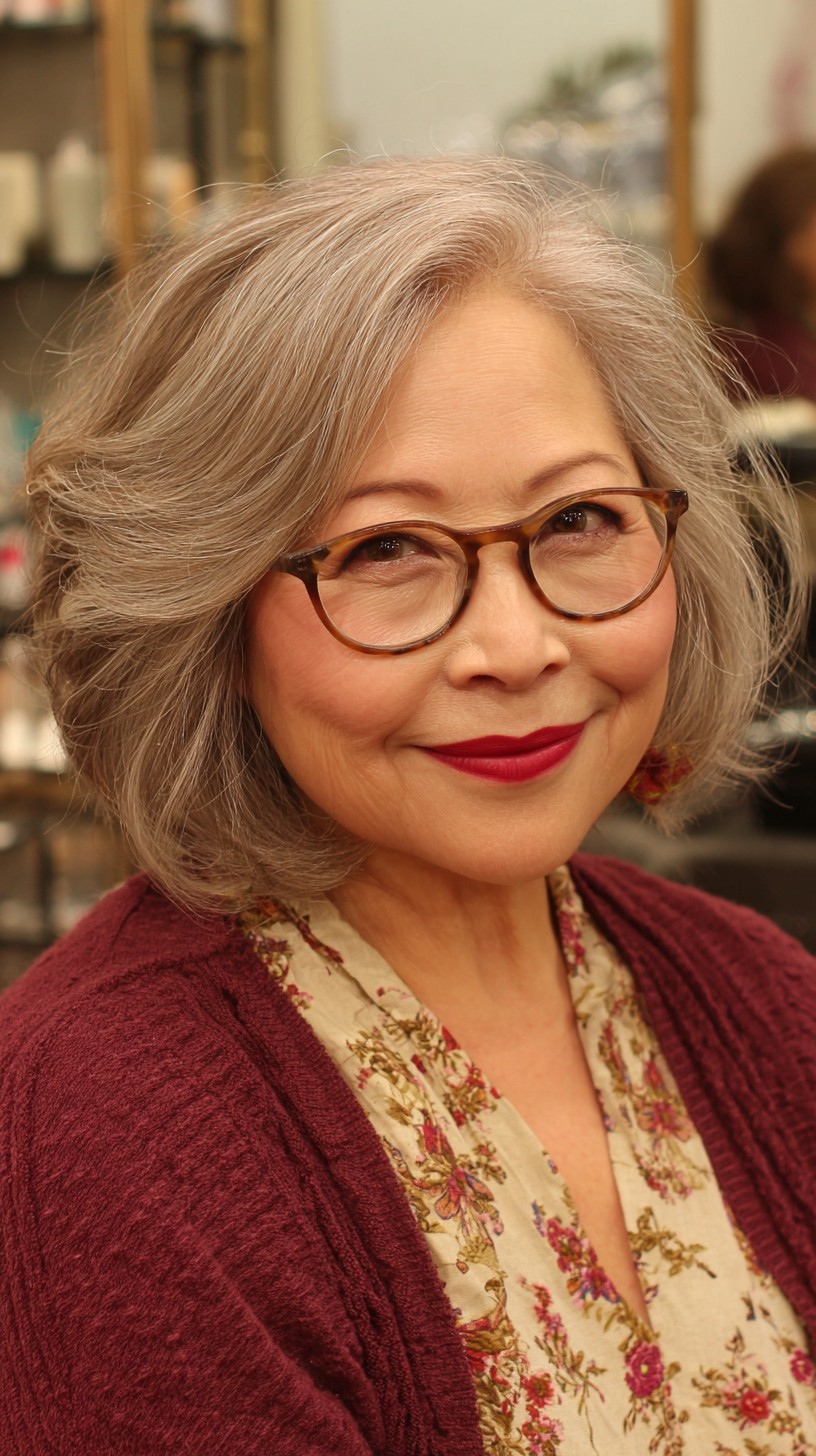 Silver Sophisticate Wavy Bob with Gentle Layers