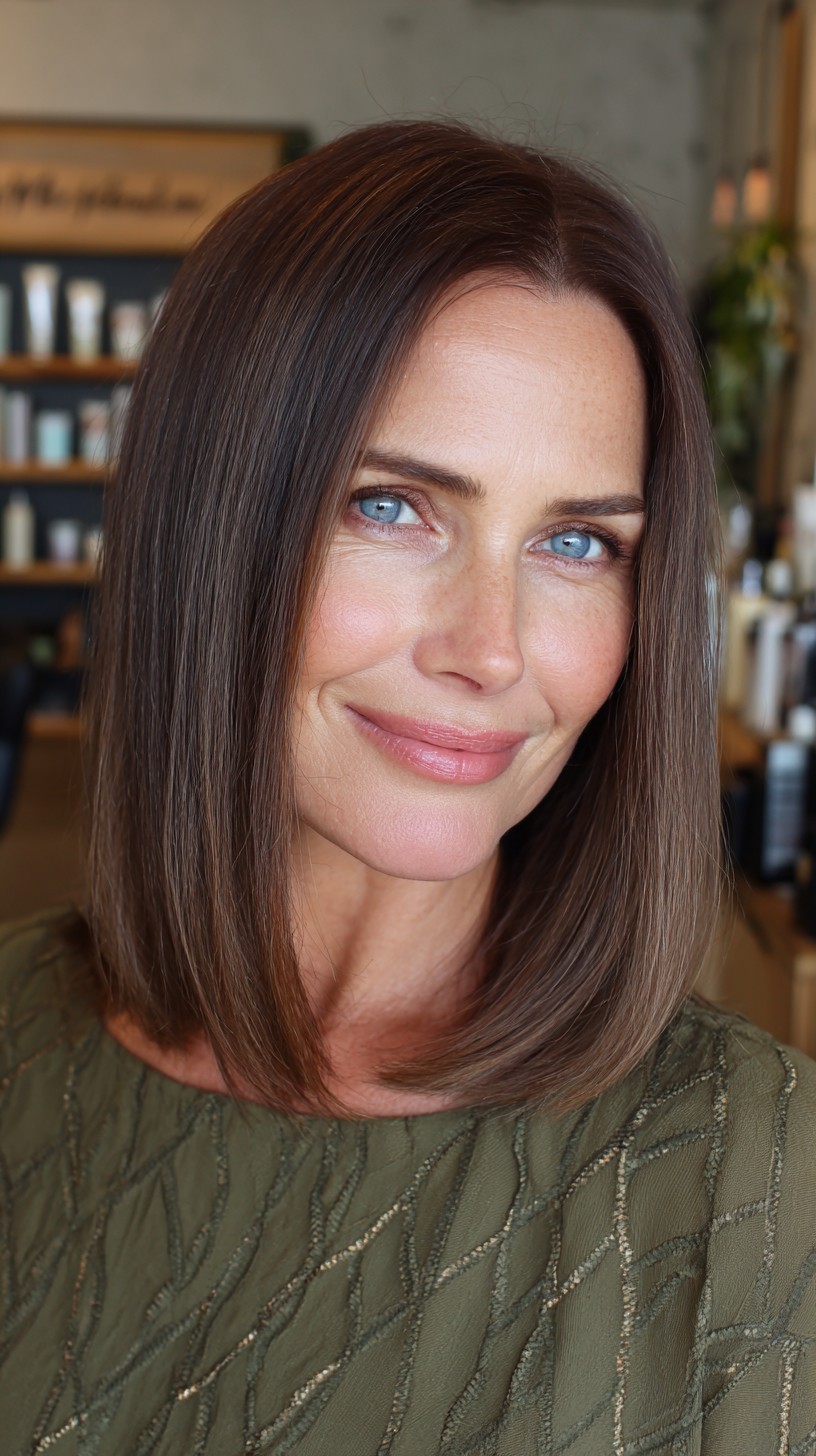 Sleek Chestnut Lob with Natural Undertones