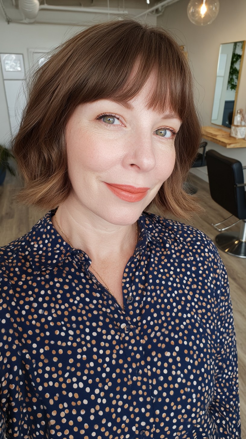 Soft Chestnut Bob with Feathered Curtain Bangs