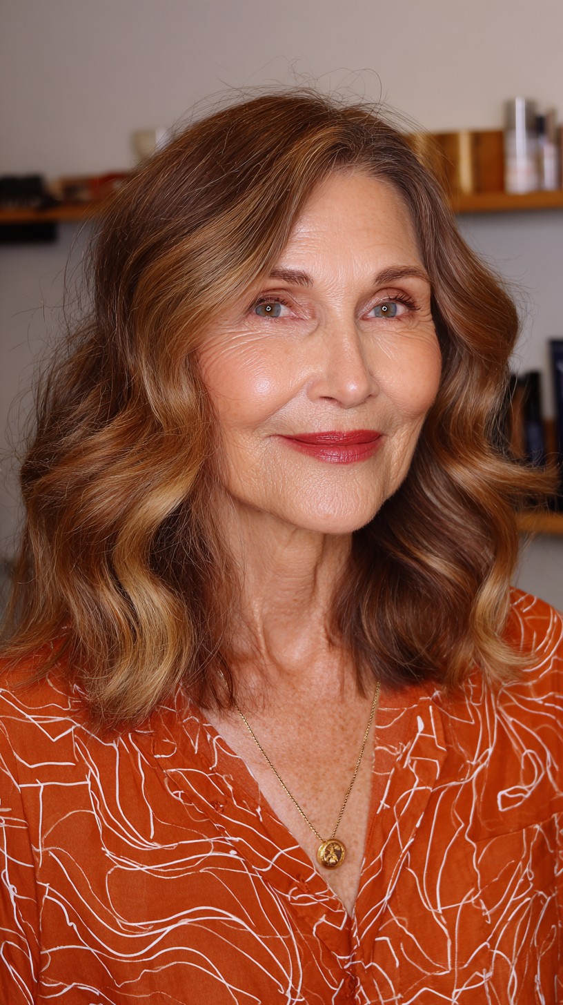 Soft Chestnut Waves with Blonde Highlights for Vibrant Seniors