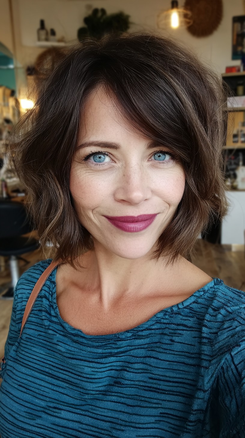 Soft Chocolate Tousled Bob with Subtle Highlights