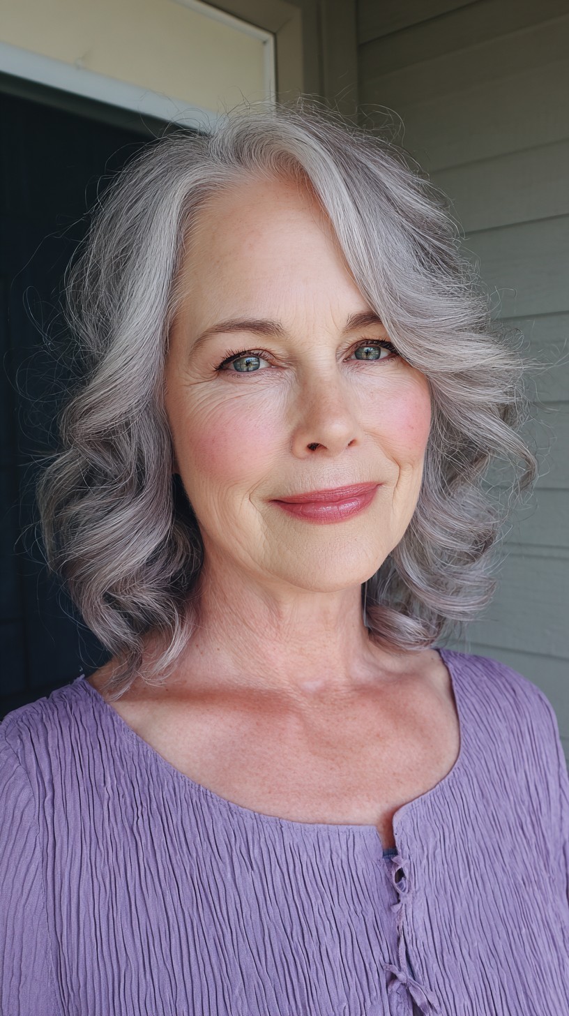 Soft Grey Waves with Side-Swept Bangs
