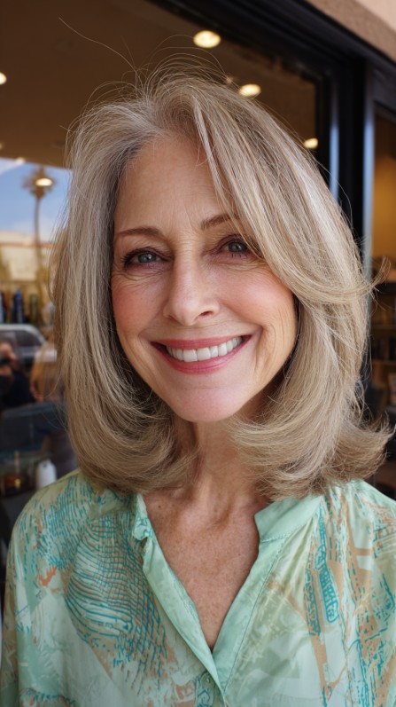 Soft Natural Gray Layers with Face-Framing Highlights