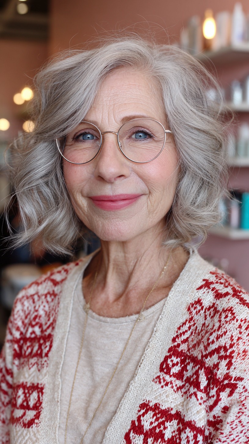 Softly Curled Silver Waves with Gentle Volume