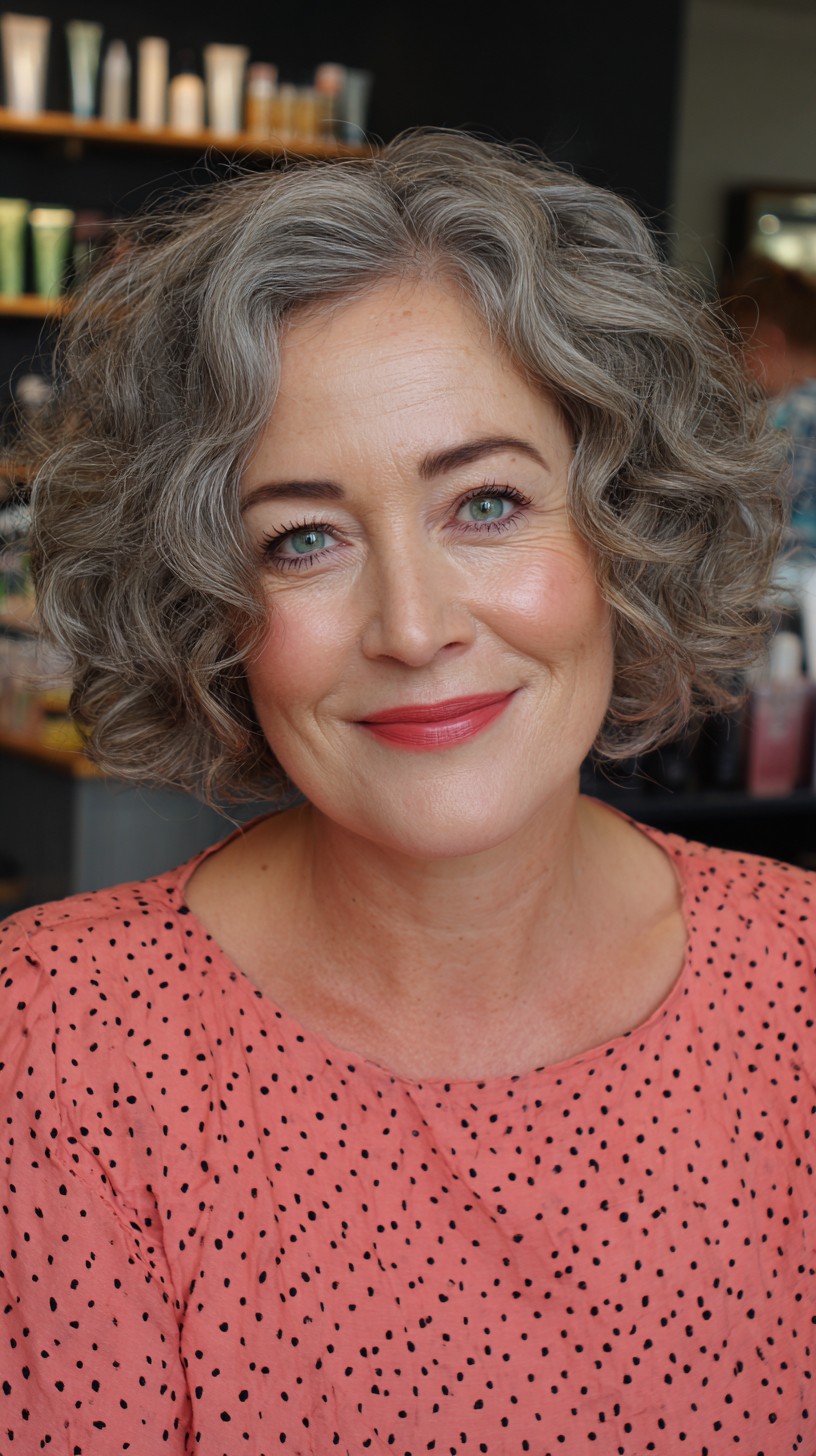 Softly Defined Grey Curls with Voluminous Bob