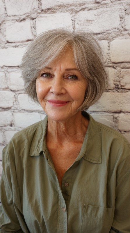 Softly Textured Silver Layered Bob with Gentle Side Bangs