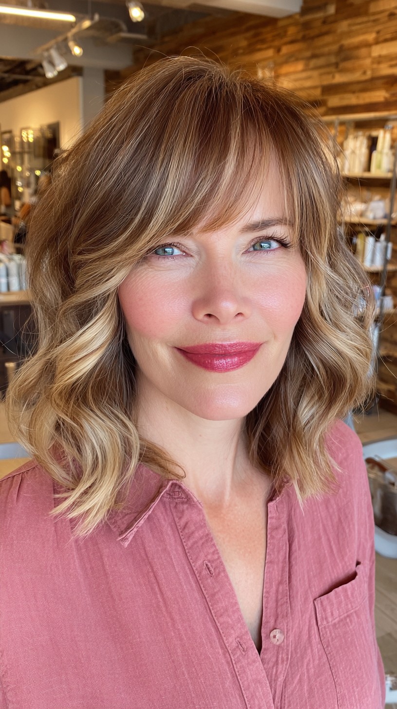 Softly-Waved Cinnamon Lob with Bangs