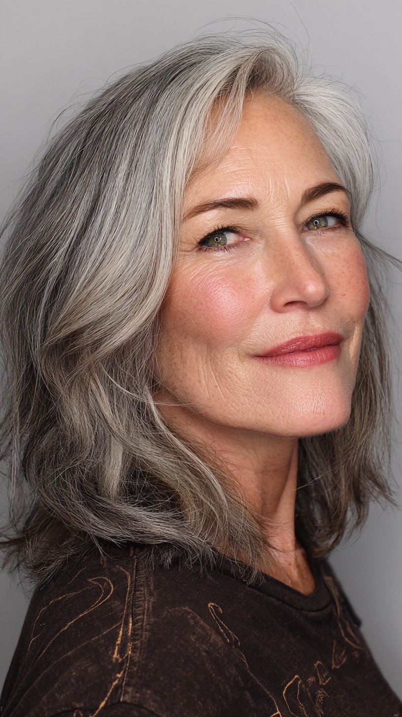 Sophisticated Silver Layers with Wispy Bangs