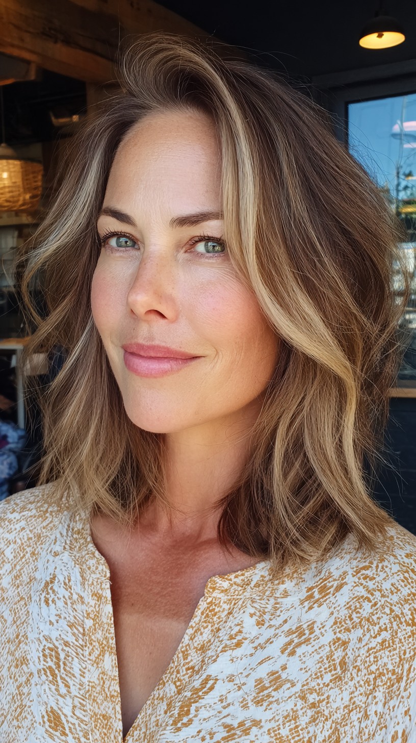 Sun-Kissed Golden Layered Lob with Natural Flow