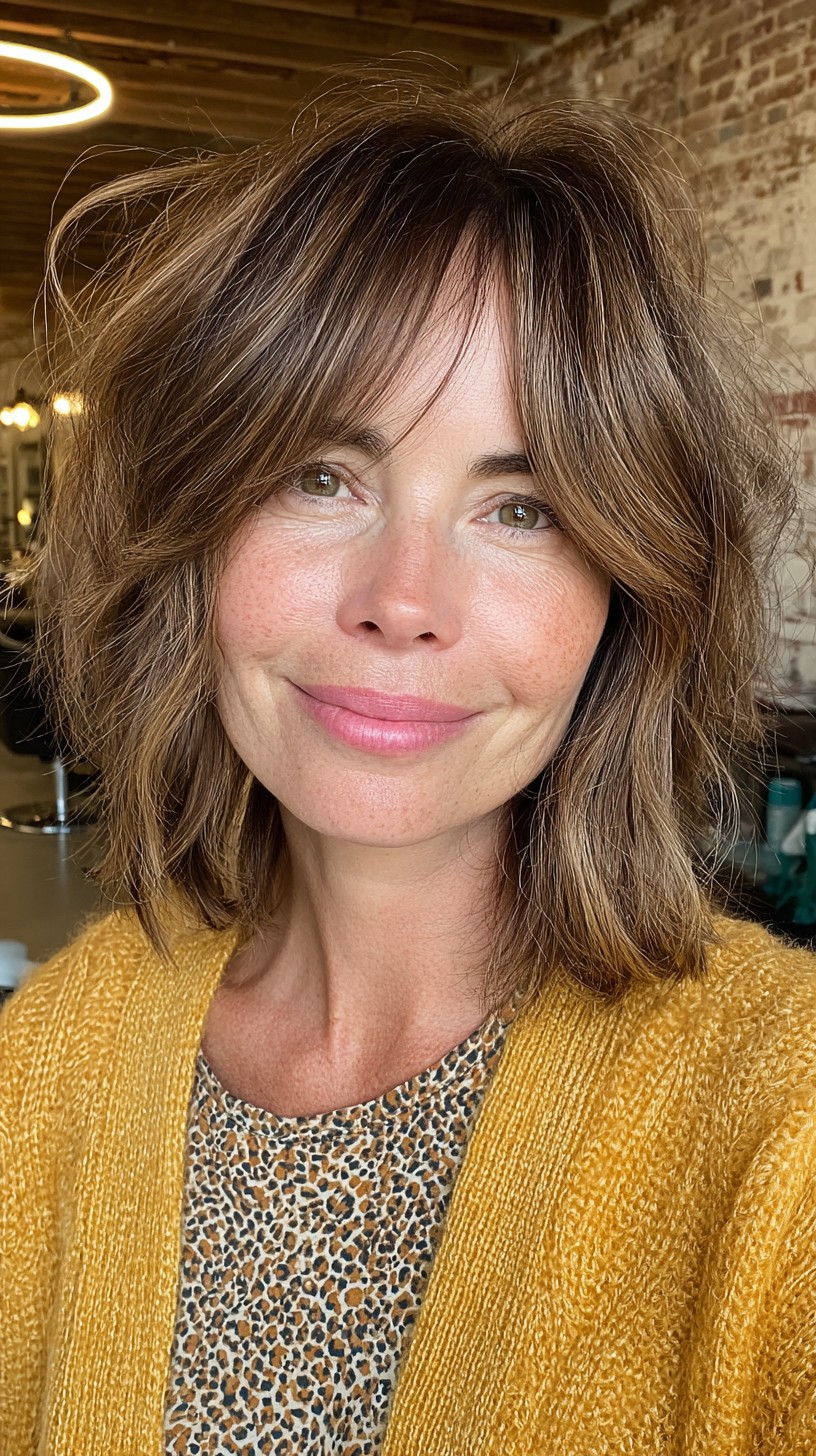 Textured Brunette Shag with Feathered Curtain Bangs