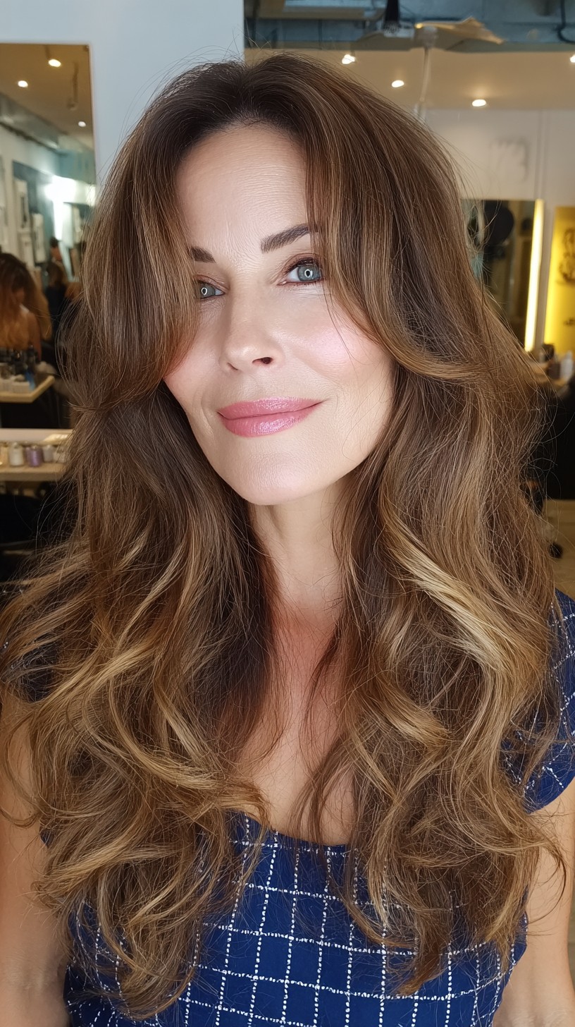 Timeless Chestnut Waves with Soft Balayage Highlights