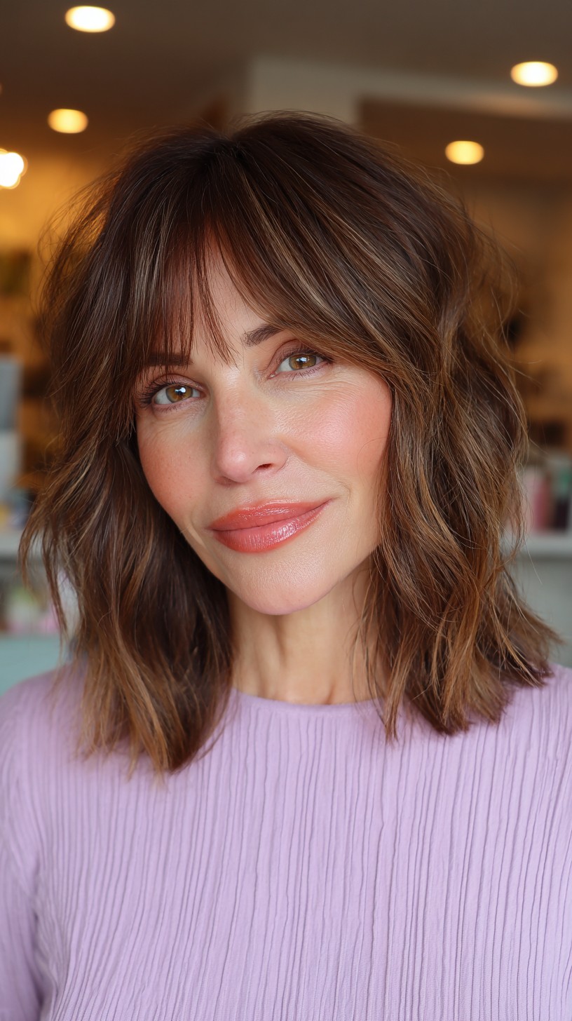 Undone Brunette Waves with Curtain Bangs