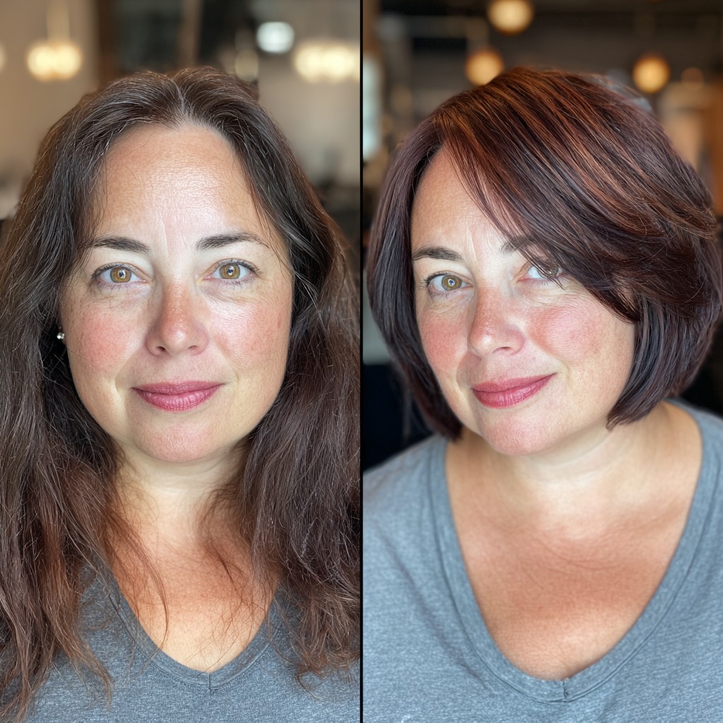 Voluminous Burgundy Bob with Side-Swept Bangs