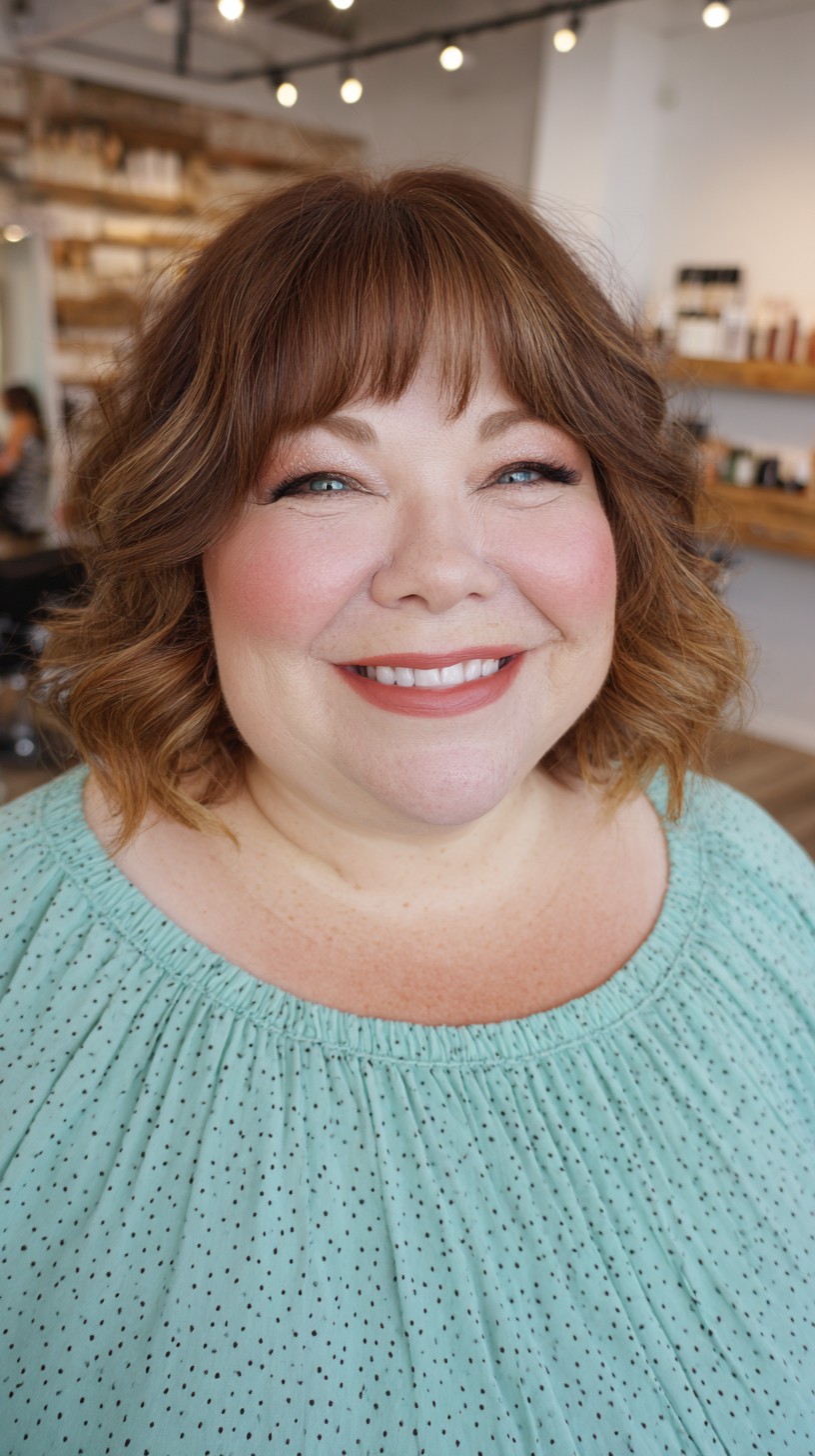 Voluminous Caramel Curls with Side-Swept Bangs