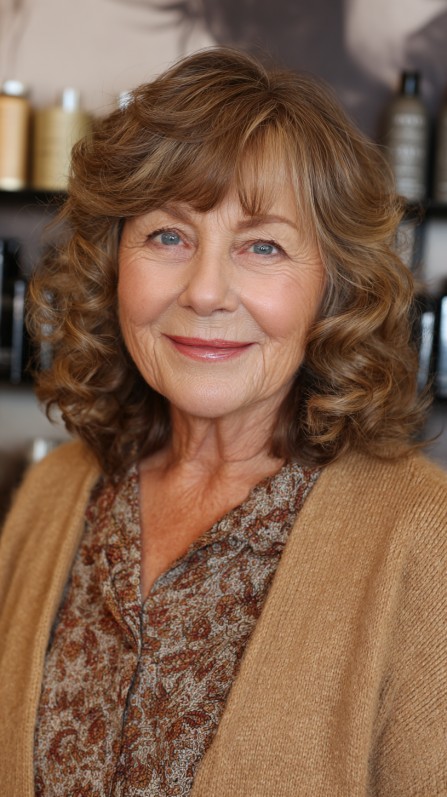 Voluminous Caramel Curls with Soft Side Bangs