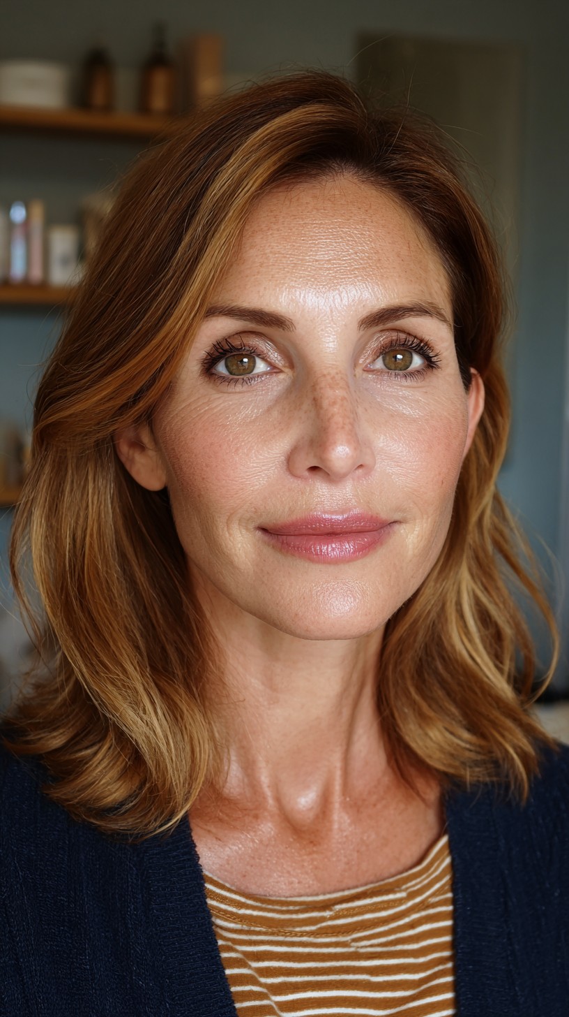 Warm Caramel Mid-Length Layers with Face-Framing Highlights