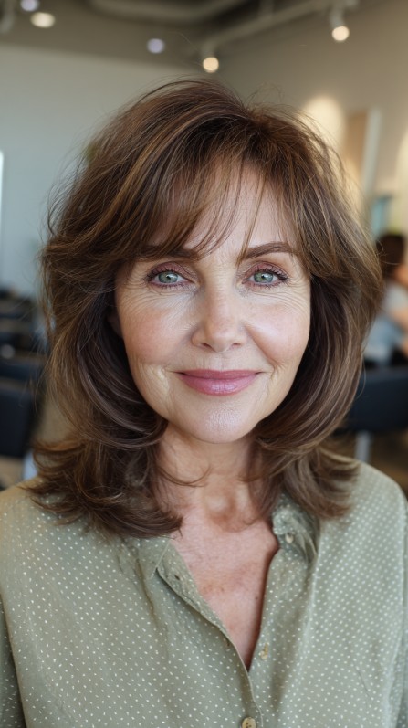 Warm Chestnut Tresses with Soft Flowing Bangs