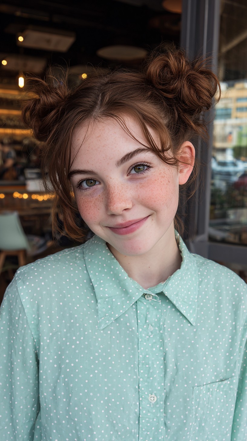 Whimsical Double Bun Hairstyle with Wispy Fringe