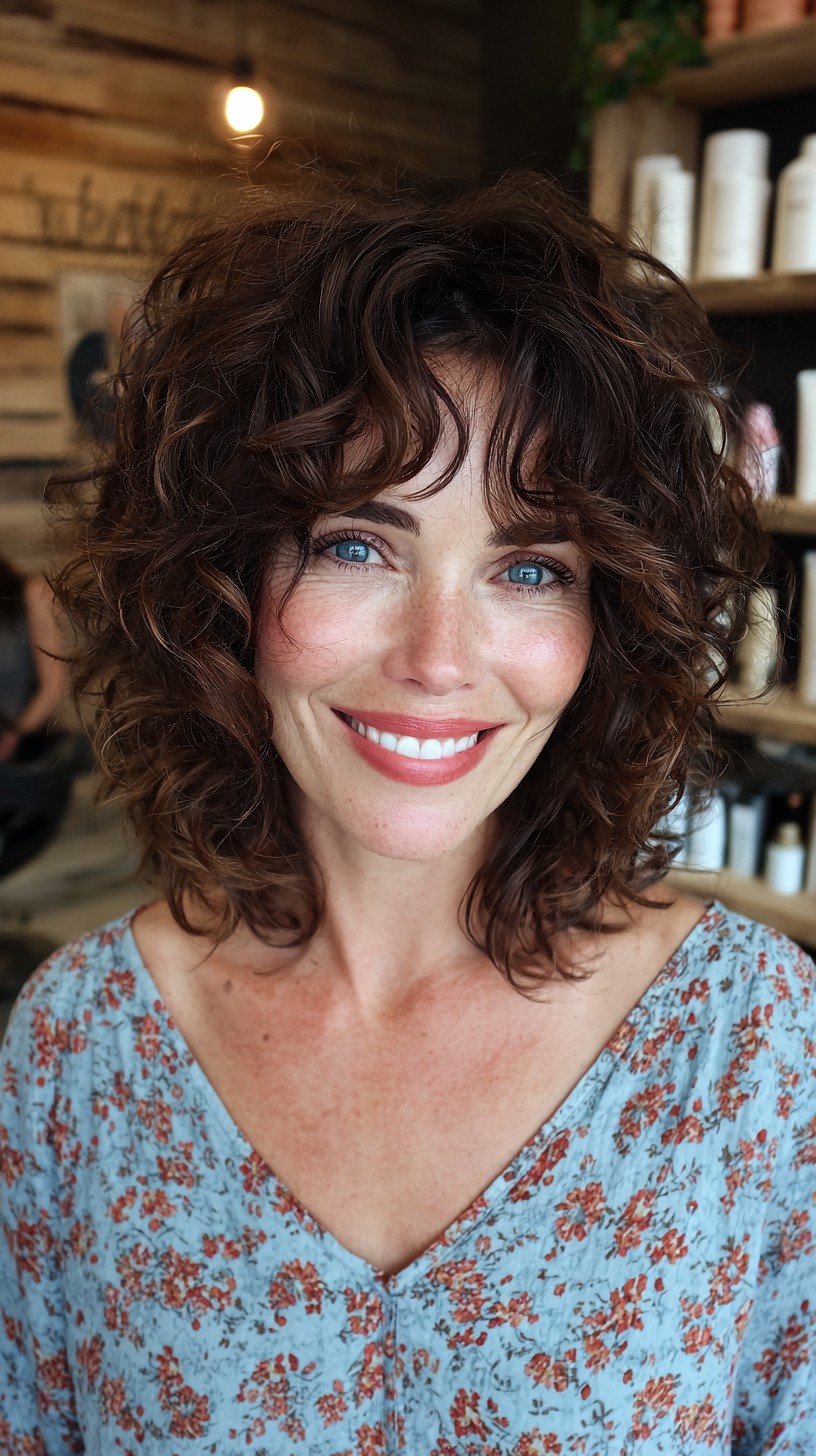 Bouncy Chestnut Curls with Soft Fringe