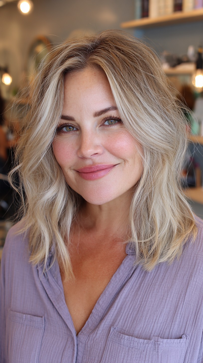 Breezy Blonde Tousled Lob with Soft Balayage