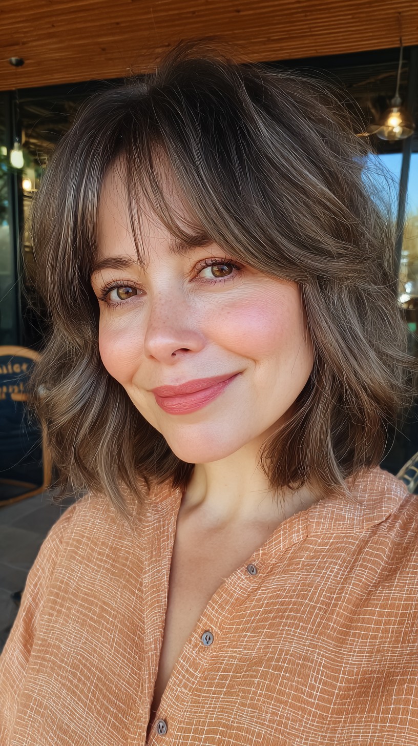 Breezy Caramel Waves with Soft Curtain Bangs