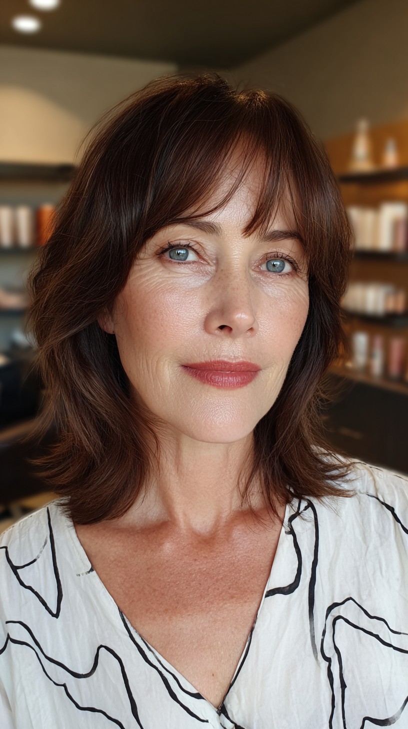 Casual Chestnut Waved Bob with Soft Fringe