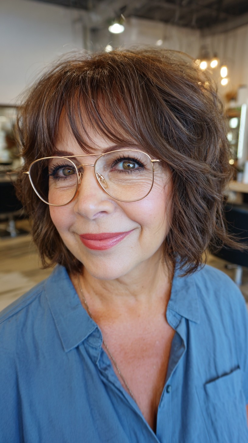 Charming Brunette Shag with Defined Curls and Wispy Bangs