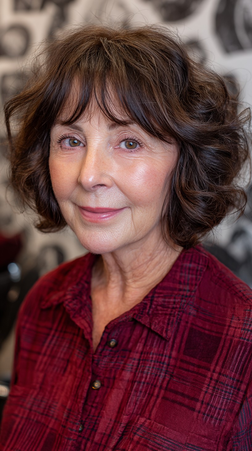 Charming Chestnut Curls with Soft Curtain Bangs