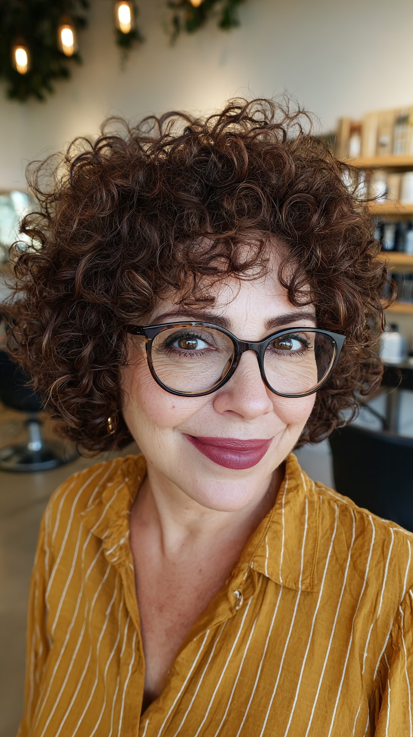 Charming Voluminous Chestnut Curls with Glasses