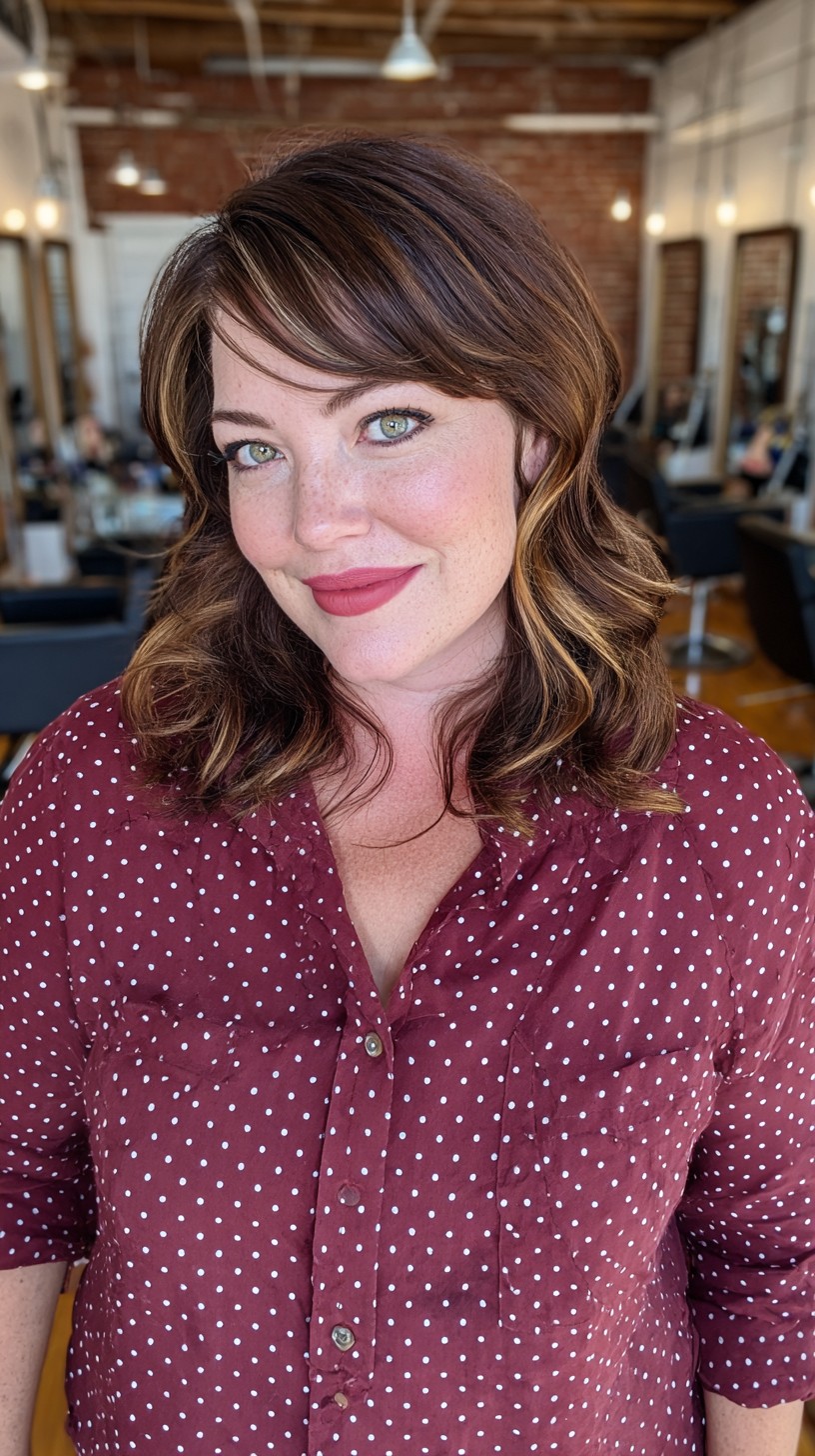 Chic Chestnut Waves with Side-Swept Bangs