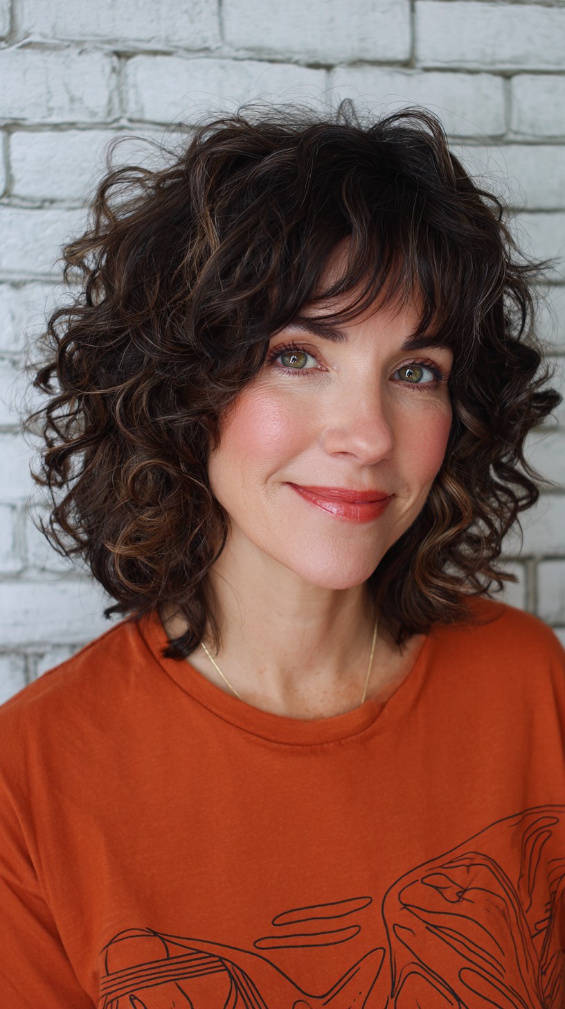 Chic Espresso Curls with Soft Bangs